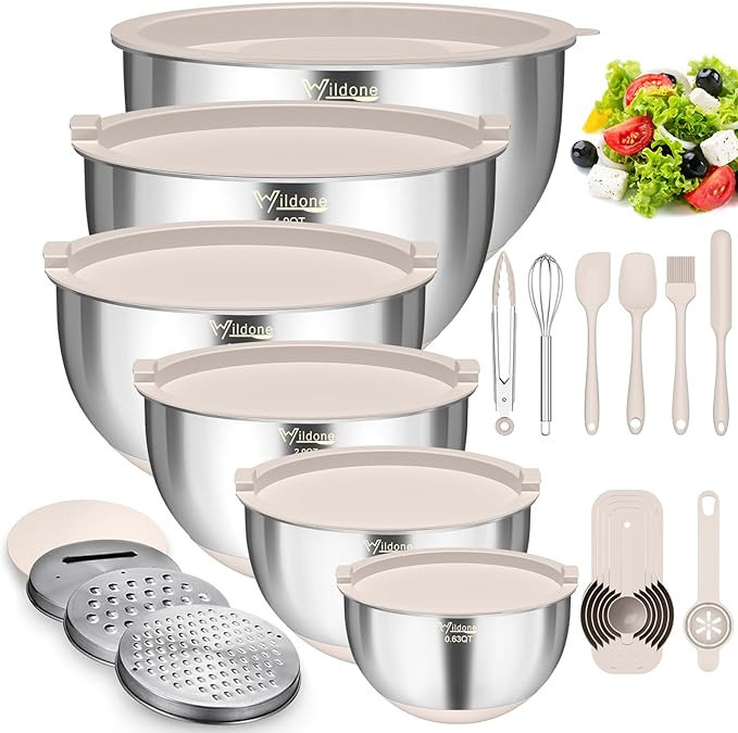 Wildone Mixing Bowls Set with Airtight Lids, 22 PCS Stainless Steel, 3 Grater Attachments, Measur... | Amazon (US)