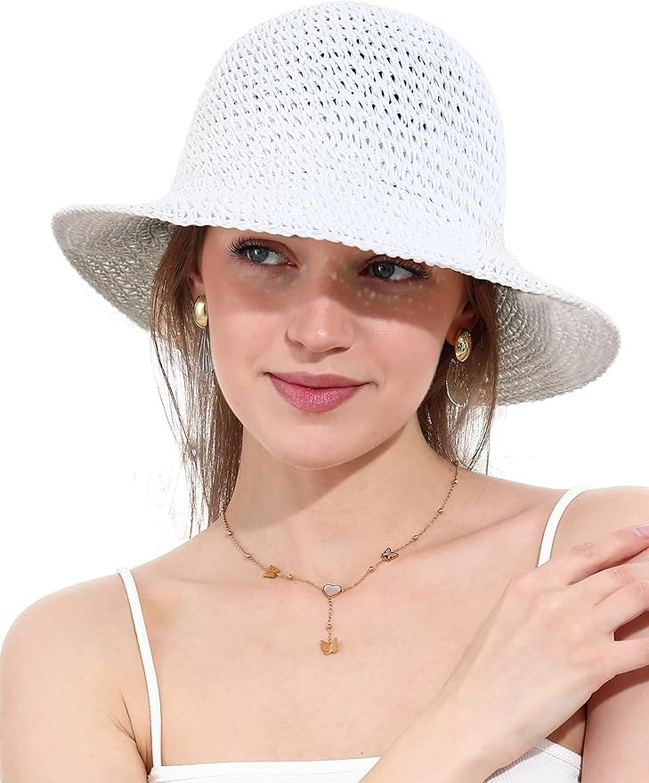 Womens Straw Sun Hat Wide Brim Hand Woven Foldable Beach Bucket Hat for Summer Travel UV Protecti... | Amazon (US)