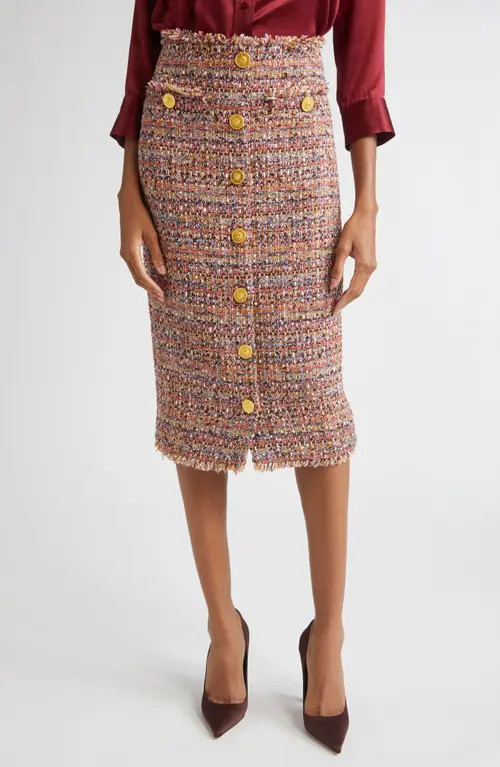 L'AGENCE Tai Tweed Midi Skirt in Mauve/Tan Multi Tweed at Nordstrom, Size 10 | Nordstrom