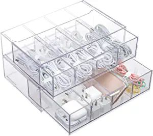 Yesesion 2 Pack Clear Plastic Cable Organizer Drawer with Adjustable Compartments and 40pcs of Wi... | Amazon (US)