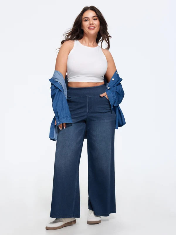 Stretchy Pull-On Wide-Leg Knit Jeans | Bloomchic