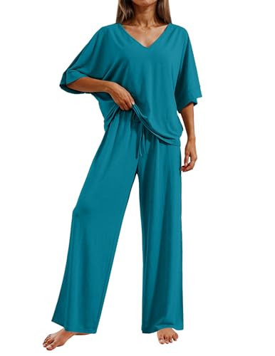 Ekouaer Lounge Sets for Women Loose Comfy Short Sleeve Tops Long Pajamas Pants Set Summer Cozy Pj Set,Blue Green,L | Amazon (US)