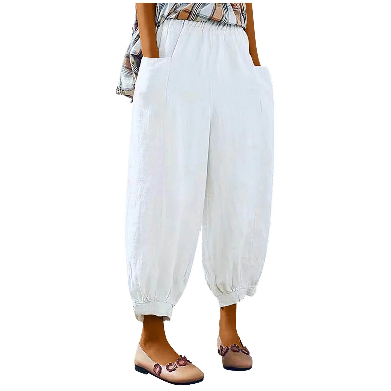 Amtdh Women's Trendy Balloon Harem Pants Cotton And Linen Lounge Elastic Waist Straight long Pant... | Walmart (US)