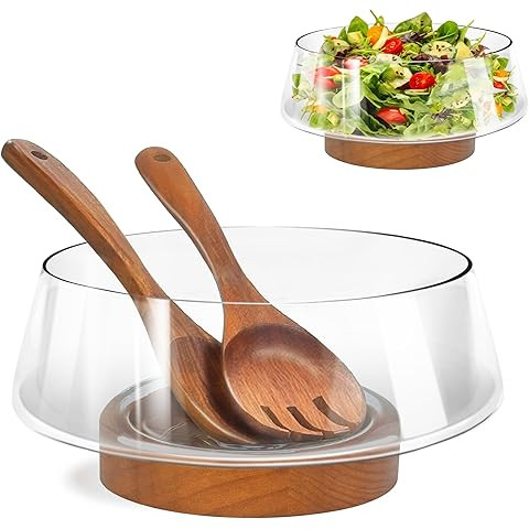 Extra Large Glass Salad Bowl Set - Party Salad Bowls with Acacia Wood Base and Serving Utensils -... | Amazon (US)