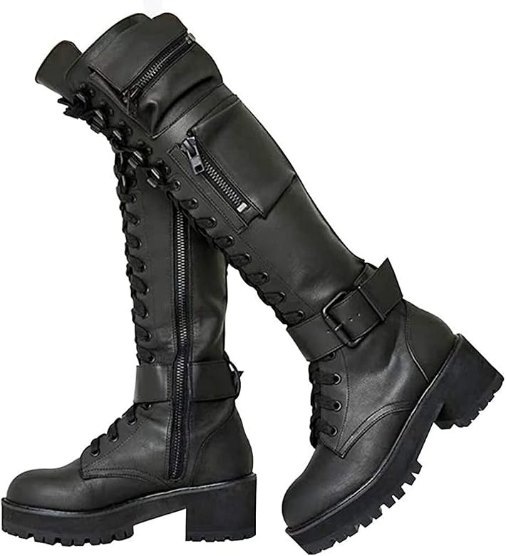 heelchic Women Combat Platform Riding Boots Lace Up Block Heel Buckle Motorcycle Knee High Boots | Amazon (US)