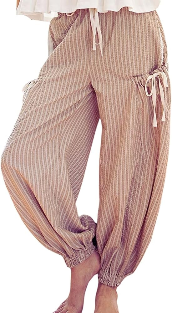 Yinawsky Women Drawstring Striped Pants Loose Wide Leg Casual Lounge Pants with Pockets(0352-Khak... | Amazon (US)