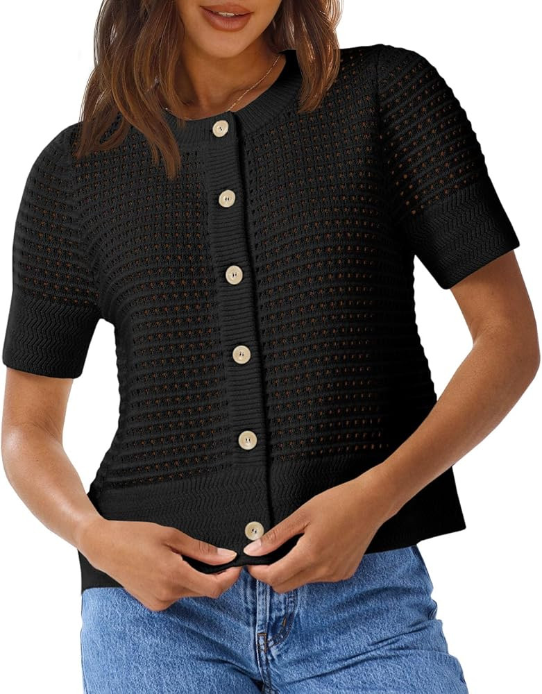 Saodimallsu Womens Crochet Short Sleeve Cardigans Button Up Crew Neck Summer Beach Knit Sweater T... | Amazon (US)