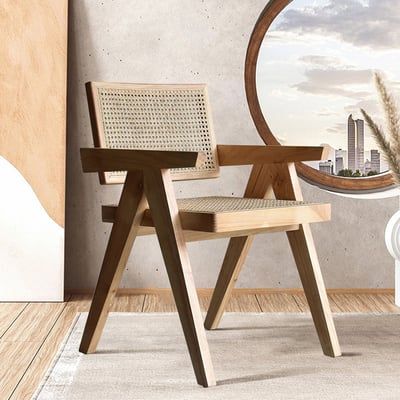 Natural Japandi Rattan Dining Chair with Solid Wood Frame-Homary | Homary