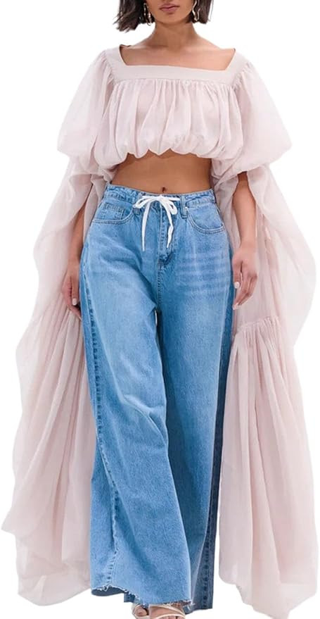 Bubble Crop Top for Women Trendy Square Neck Chiffon Ruffled Puff Sleeve Weekends Vacation Going ... | Amazon (US)