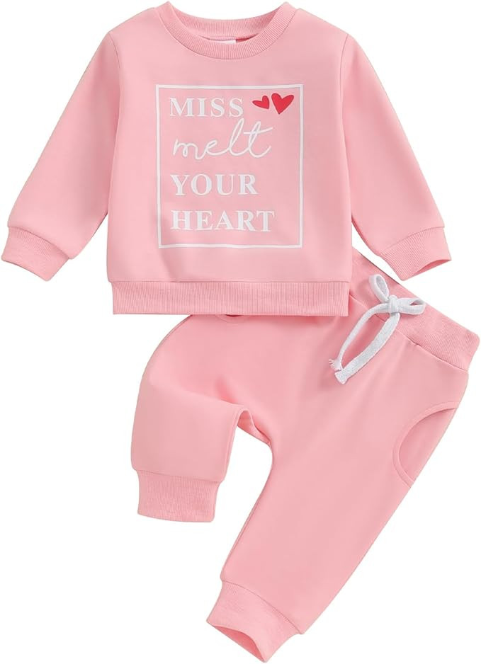 BeQeuewll Baby Girl Valentines Day Outfit Long Sleeve Heart Print Sweatshirt Jogger Pants 2Pcs Ba... | Amazon (US)