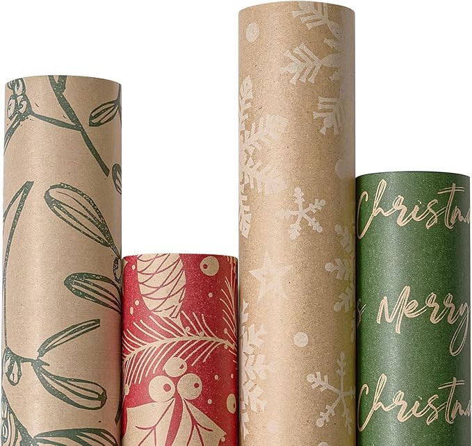 YANGTE Vintage Recyclable Christmas Wrapping Paper Rolls, Brown Kraft Wrapping Paper with Red and... | Amazon (US)
