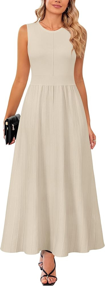 Arach&Cloz Women's Maxi Dresses Trendy 2026 Summer Crewneck Sleeveless Knit A Line Pleated Weddin... | Amazon (CA)
