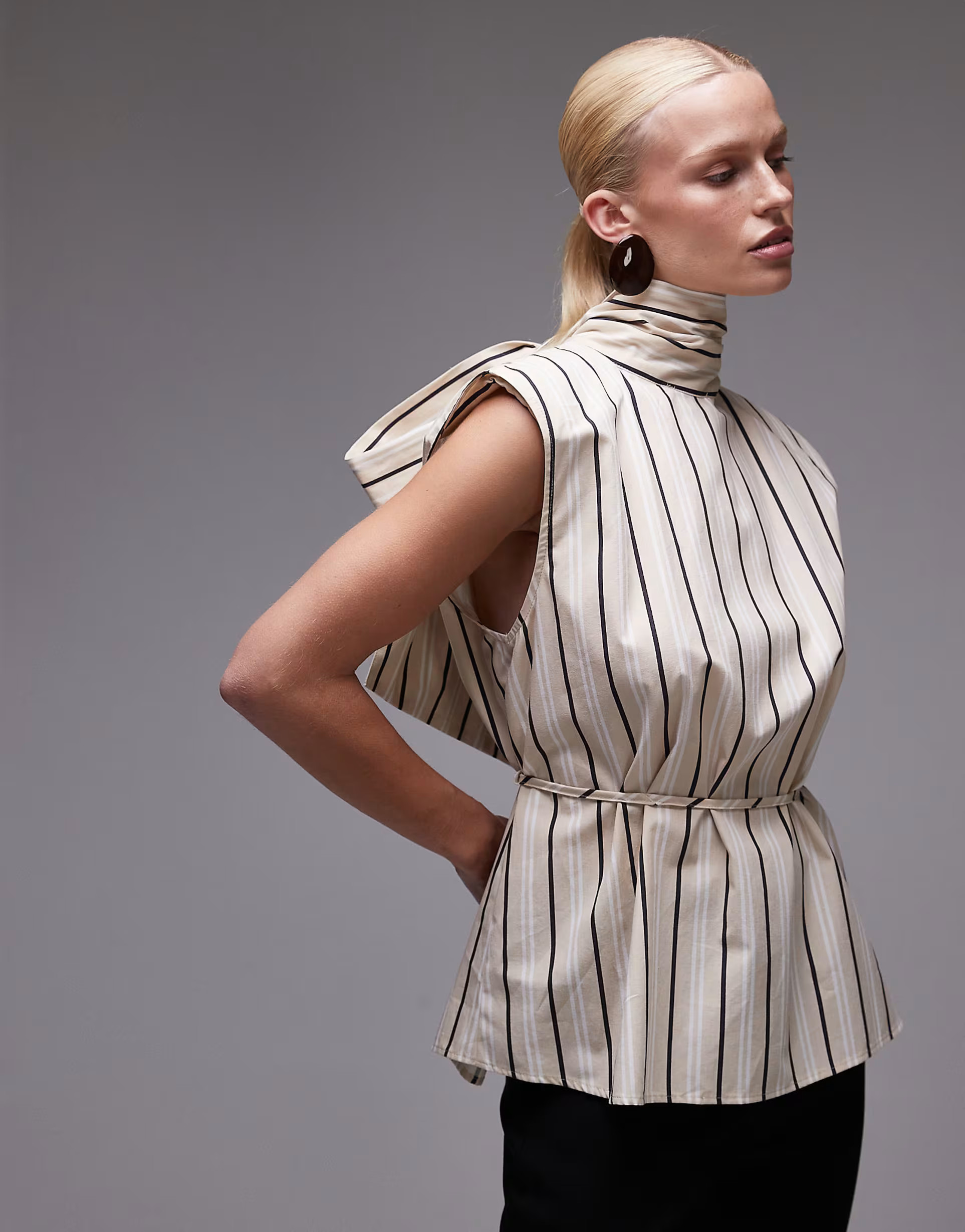 ASOS DESIGN shoulder pad tie neck blouse in buttermilk stripe | ASOS (Global)