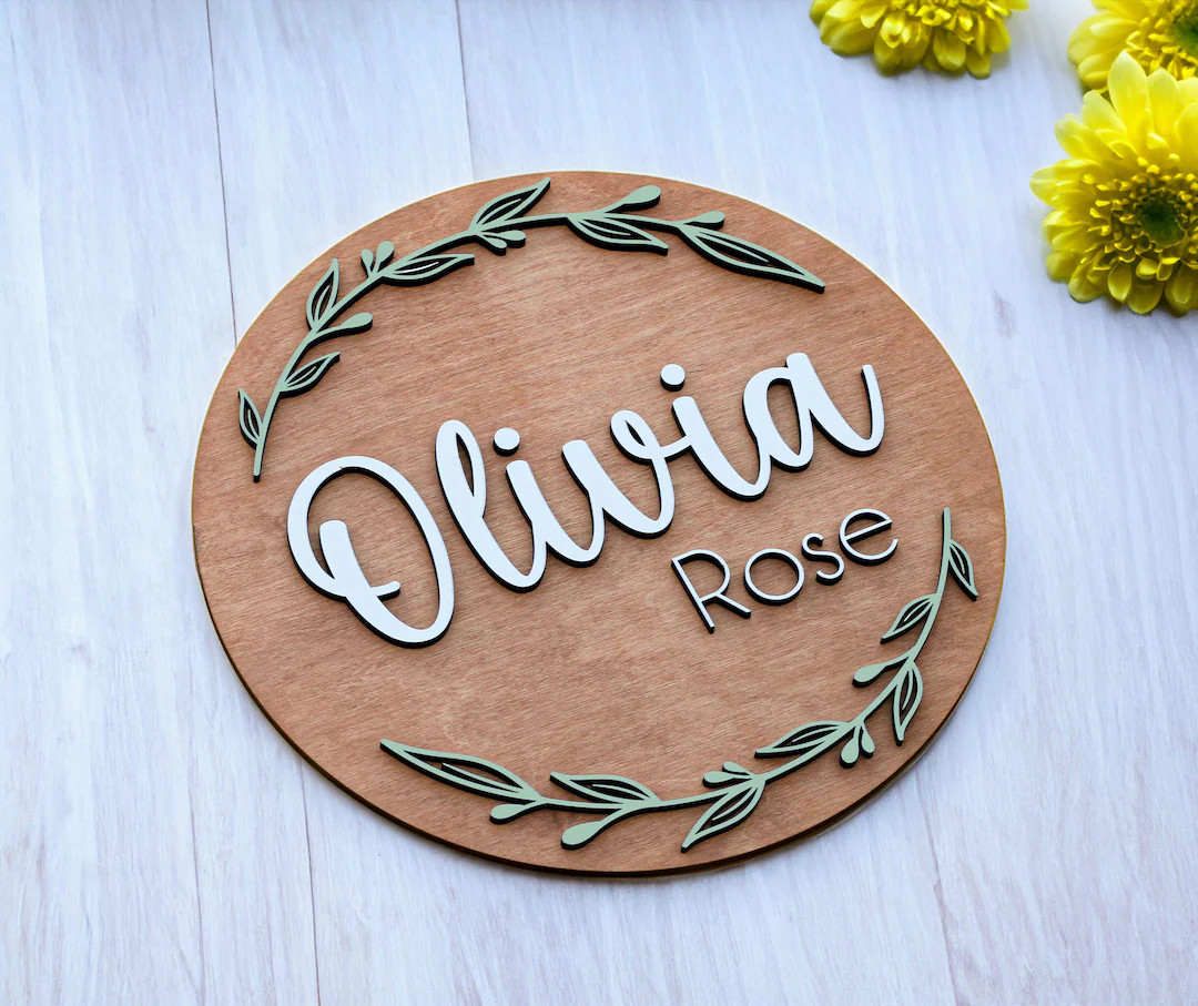 Nursery Name Sign L Round Wood Name Sign L Greenery Sign L Baby Girl Sign L Flower Nursery Sign L... | Etsy (US)