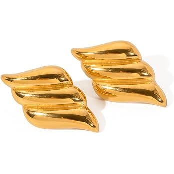Vintage 18k Gold Earrings Stainless Steel Textured Stud Earrings,Square Teardrop C-Shaped Feather... | Amazon (US)