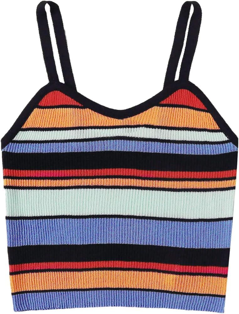 SweatyRocks Women's Sexy Strappy Crop Top Striped Print Ribbed Knit Cami Top | Amazon (US)