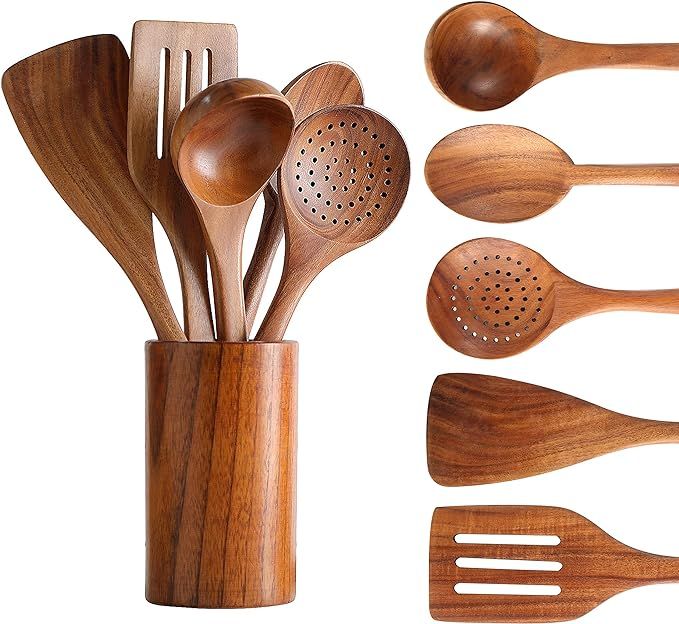 Wooden Spoons for Cooking, Tmkit Cooking Utensils Set of 6 Natural Teak Wooden Cooking Spatulas w... | Amazon (US)
