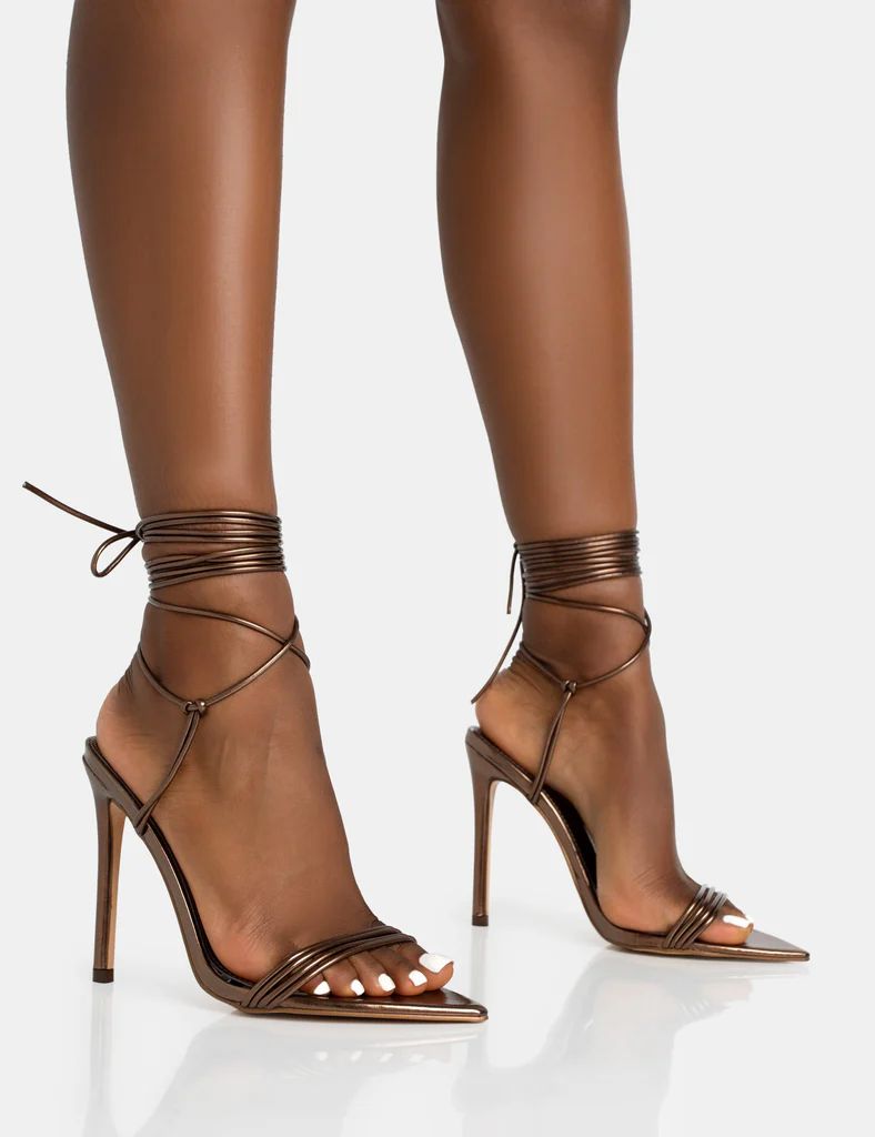 Merlot Metallic Bronze Lace Up Wrap Around Pointed Toe Stiletto Heel | Public Desire (US & CA)