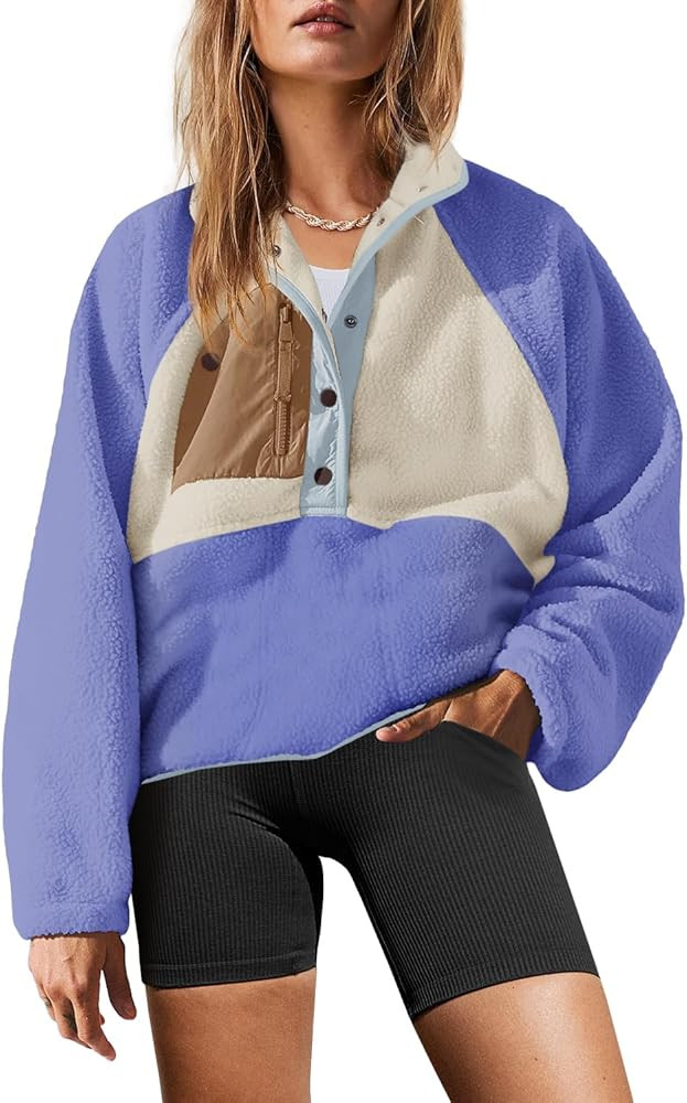 Yanekop Womens Fuzzy Fleece Pullover Sherpa Sweatshirt Long Sleeve Button Down Sweater Winter Fle... | Amazon (US)