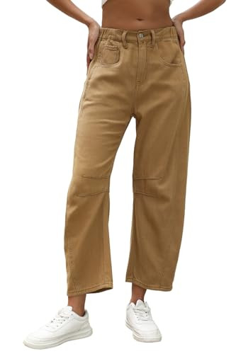 Ladyful Barrel Jeans Vintage Elastic Mid Rise Wide Leg Jeans for Women Trendy Baggy Boyfriend Denim Pants with Pockets Khaki | Amazon (US)