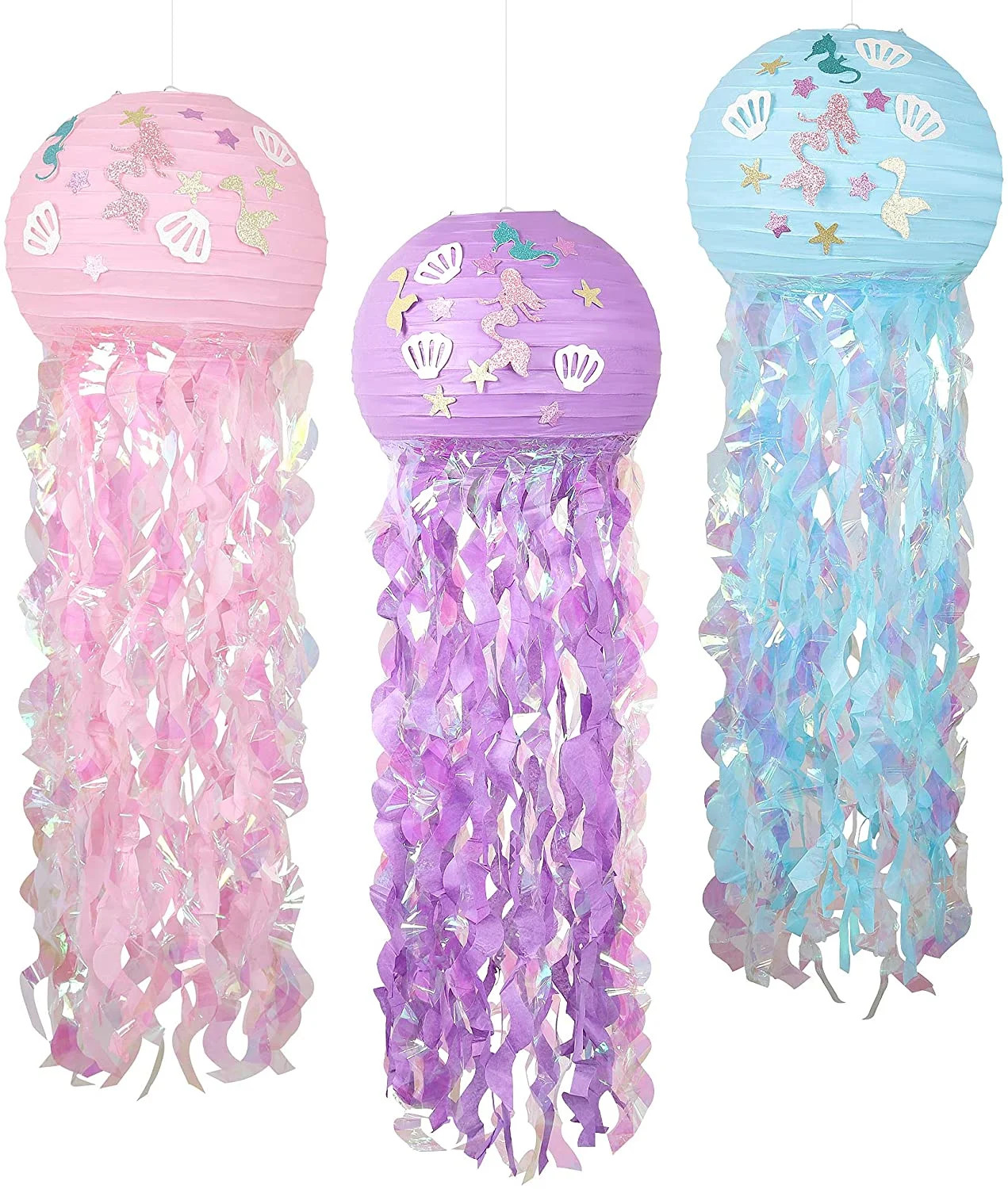 RECUTMS Mermaid Hanging Jellyfish Paper Lanterns Kit 3 Colors for Ocean Theme Party Decoration | Walmart (US)