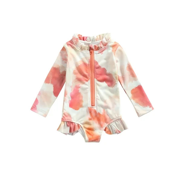 Bmnmsl Girl One-piece Tie-dye Swimsuit Long Sleeve O-neck Zip-up Swimwear with Ruffles | Walmart (US)