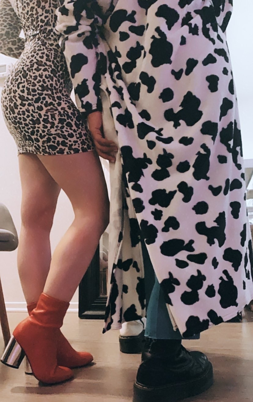 My friends and I had the best time for an animal print party!! Sexy cheetah long sleeved clubbing dress with these gorgeous orange boot heels that are giving Velma from Scooby Doo. And the cutest best long cow prints trench coat paired with cute blue straight leg pants and Doc Marten platform boots 🐮 🖤 

#LTKStyleTip #LTKParties #LTKShoeCrush