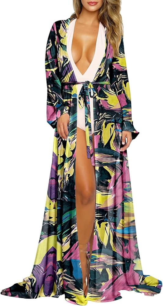 Pink Queen Women's Long Sleeve Flowy Maxi Swimsuit Tie Front Robe Cover Up | Amazon (US)
