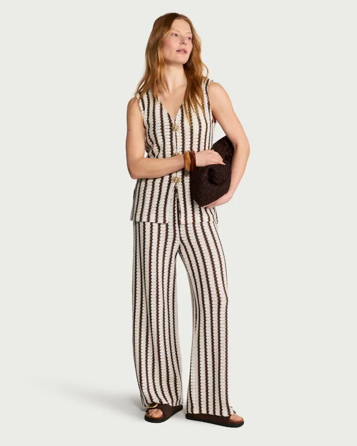 F&F Textured Striped Wide Leg Co-ord Trousers in Multi Brown | Tesco F&F
