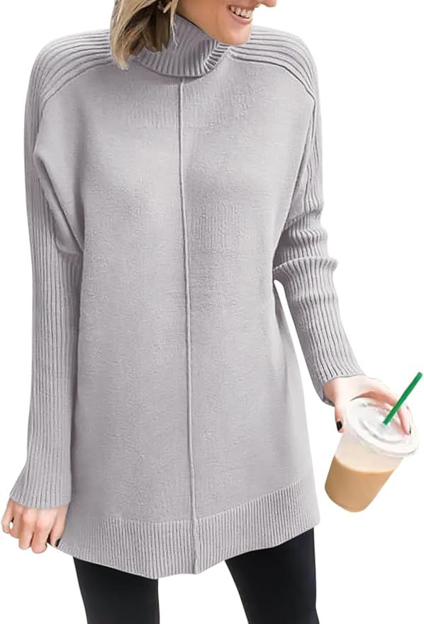 ANRABESS Women's Turtleneck Oversized Sweaters 2023 Trendy Long Sleeve Knit Split Hem Tunic Pullo... | Amazon (US)