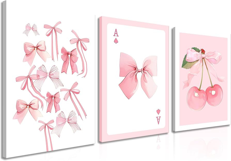 Amazon.com: Trendy Pink Bows Canvas Wall Art Set of 3, Vintage Preppy Cherry Posters Prints, Pink... | Amazon (US)