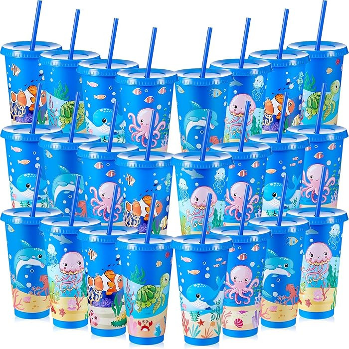 Chuangdi 24 Pcs Under The Sea Party Cups 24 oz Reusable Plastic Tumblers with Lids and Straws The... | Amazon (US)