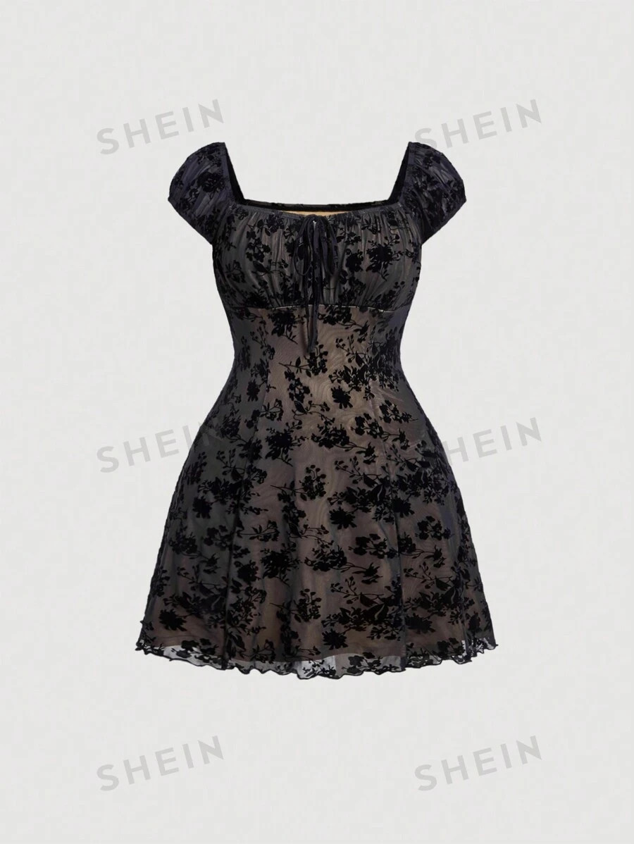 SHEIN MOD Plus Size Summer Retro Black Velvet Mesh Bust Pleated Bow Tie Ribbon A-Line Spaghetti S... | SHEIN
