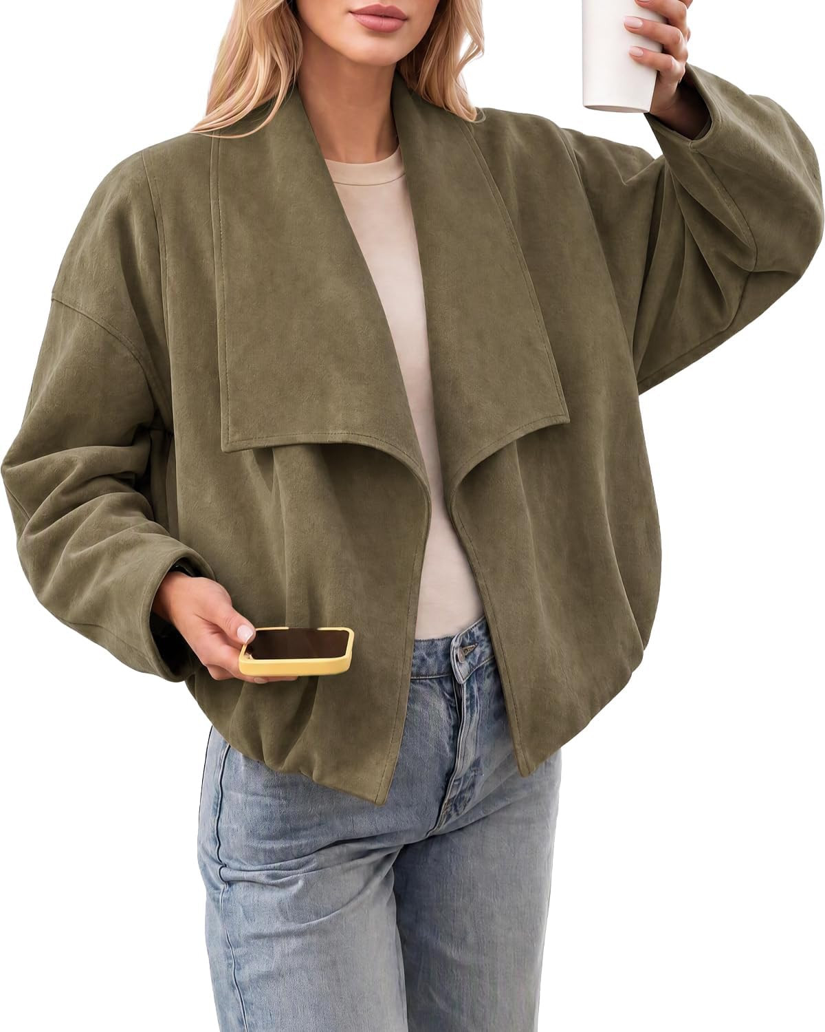 Tankaneo Womens Open Front Faux Suede Jackets Oversized Cropped Lapel Coats | Amazon (US)