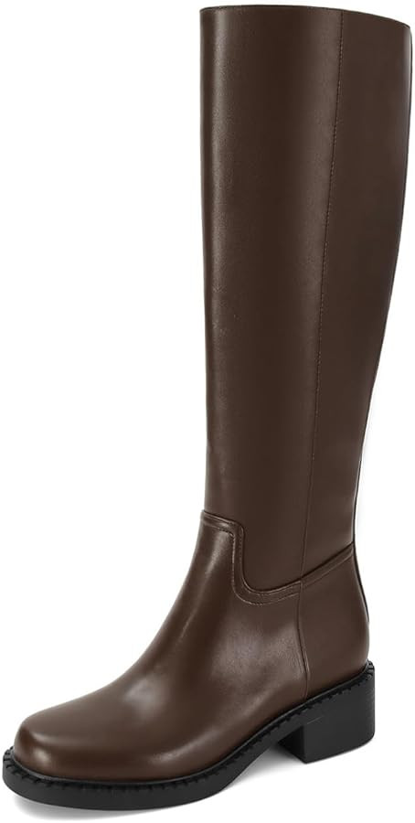 Dsevht Black Knee High Boots for Women Faux Leather Elastic Low Heel Round Square Toe Side Zipper... | Amazon (US)