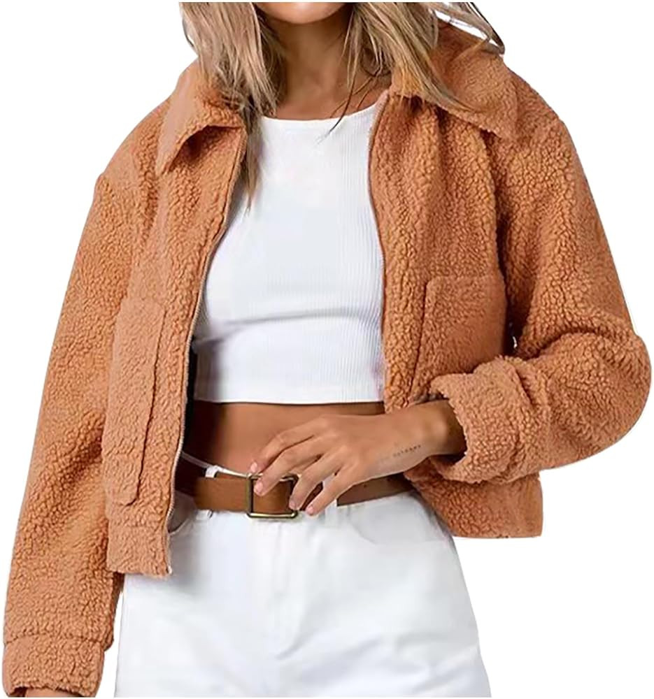 Womens Cropped Winter Fleece Teddy Jacket Warm Long Sleeve Open Front Cardigan Outwear Faux Fur F... | Amazon (US)