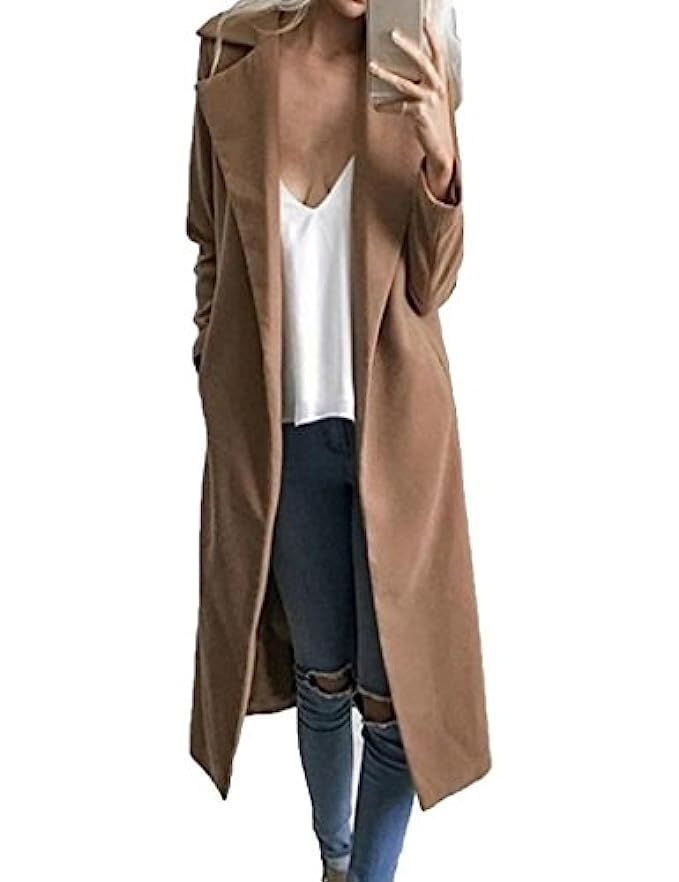 CHARLES RICHARDS CR Women's Lapel Wool Blend Longline Winter Fall Warm Coat Overcoat | Amazon (US)