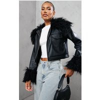 Black Faux Leather Faux Mongolian Fur Jacket | PrettyLittleThing US