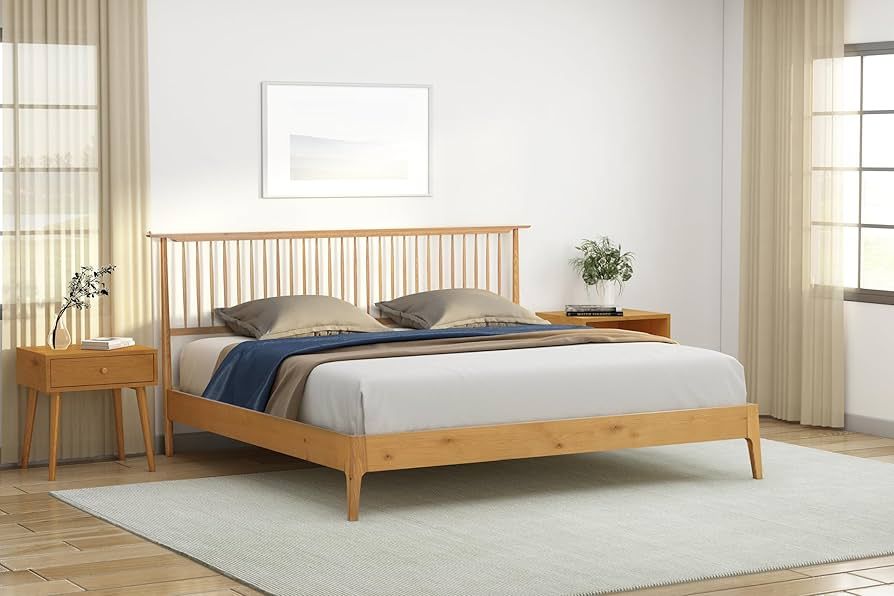 NTC Ruby Wooden Bed Frame with Headboard, Solid Oak Foundation with Silent Slats and Wood Central... | Amazon (US)