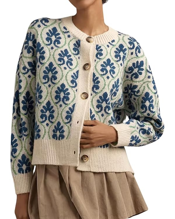 Women Floral Cardigan Sweater Open Front Long Sleeve Button Down Knit Sweater Vintage Outerwear | Amazon (US)
