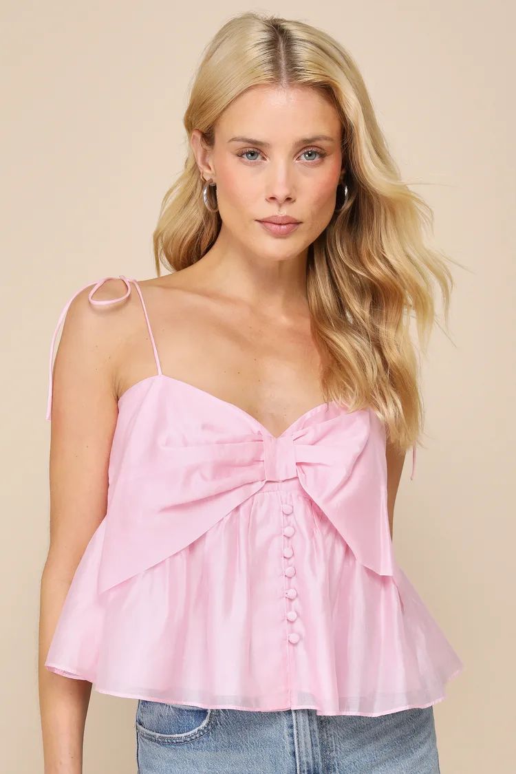 Ideal Cuteness Pink Bow-Front Tie-Strap Cropped Cami Top | Lulus