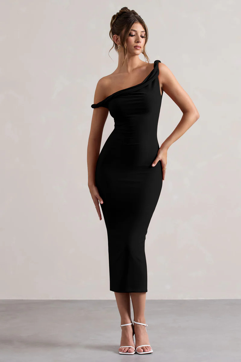 Salome | Black Twisted Asymmetric Midi Dress | Club L London