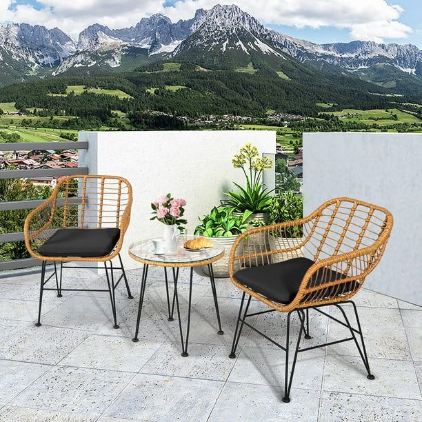 Gymax 3PCS Rattan Patio Bistro Set Conversation Furniture Set w/ Black Cushions | Walmart (CA)