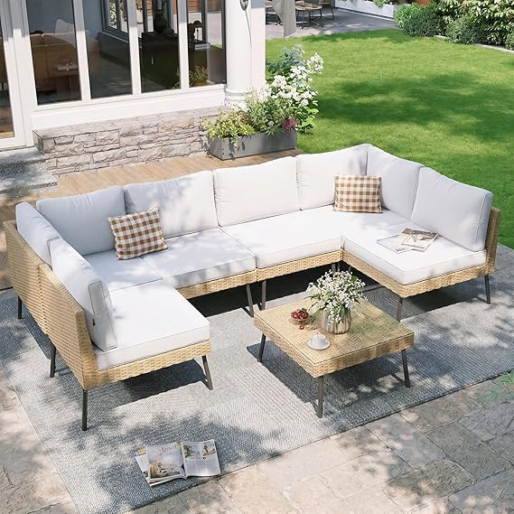 Aoxun 7-Piece Patio Furniture Set, Wicker Outdoor Furniture with Water Resistant Thick Cushions, ... | Amazon (US)
