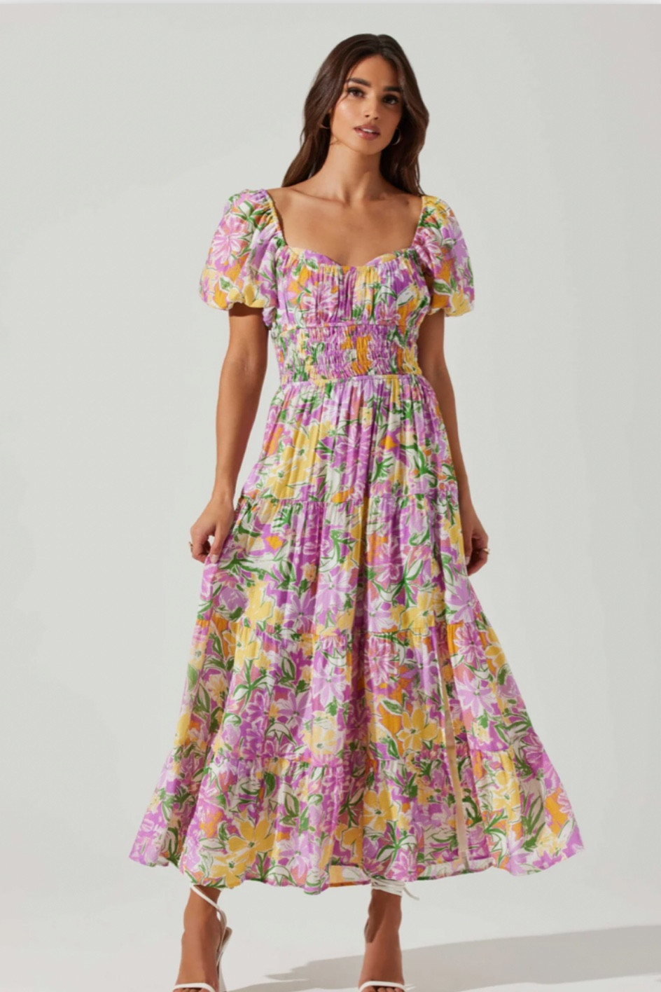 💕 puff sleeve midi dress, pink and yellow floral dress