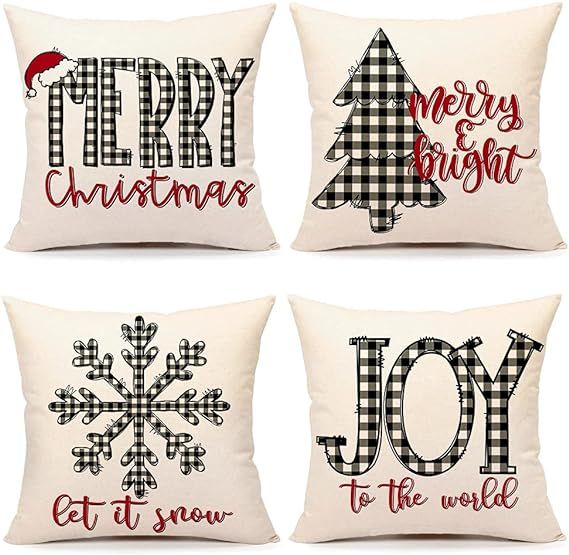 4TH Emotion Black White Buffalo Plaid Christmas Pillow Covers 18x18 Set of 4 Farmhouse Christmas ... | Amazon (US)