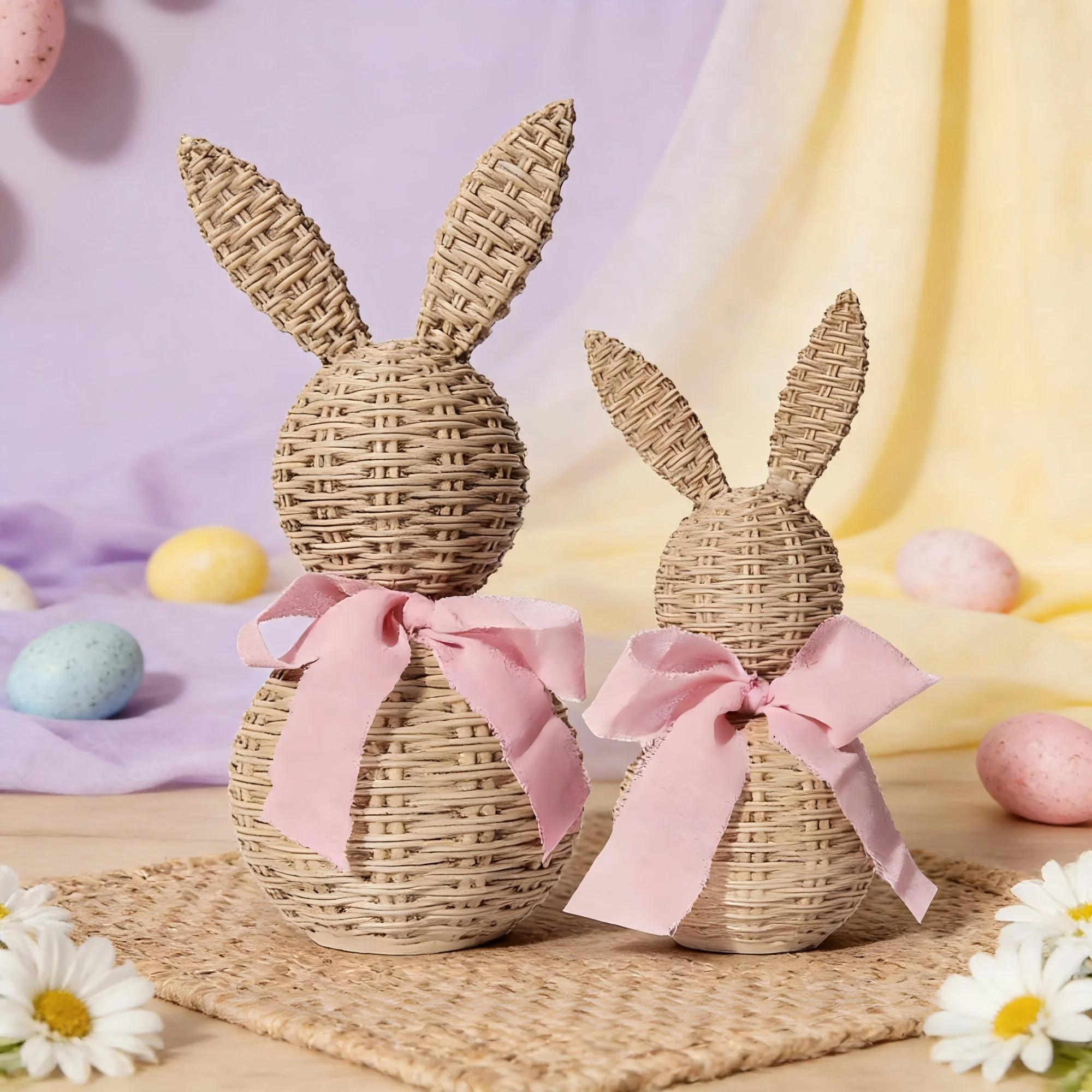 laqbezok 2Pcs Faux Wicker Easter Bunny Figurines, Rattan Effect Plastic Rabbit Statues with Pink ... | Walmart (US)