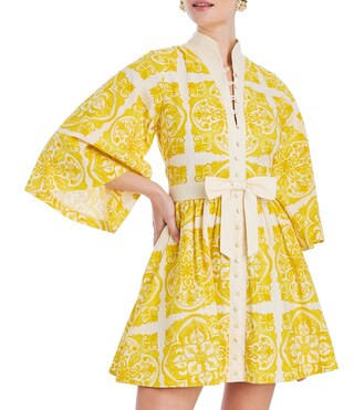 Carmen Print Button Up Mandarin Collar Butterfly 3/4 Sleeve Bow Tie Waist Mini A-Line Dress | Dillard's