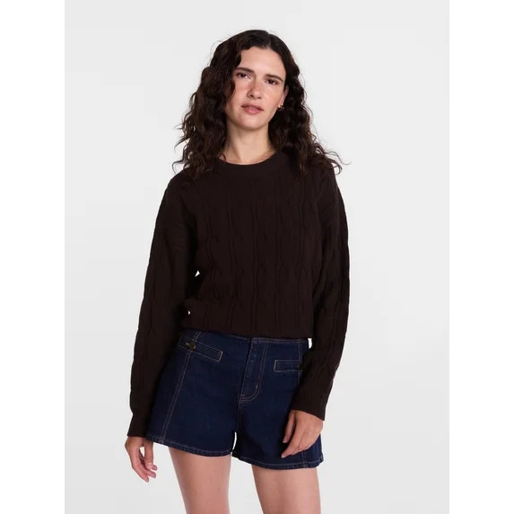Scenario Women's Crewneck Cable Knit Mid-weight Sweater, Sizes XS-XXXL | Walmart (US)
