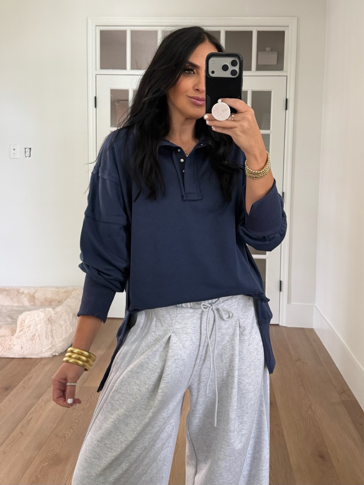 Women's Oversized Sweatshirt Mock Neck. Adidas wide leg pants